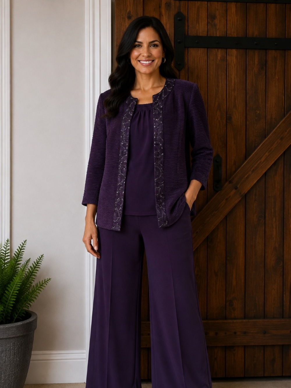 Le Bos Plus Size 22W Eggplant Purple Pantsuit | Embellished Jacket